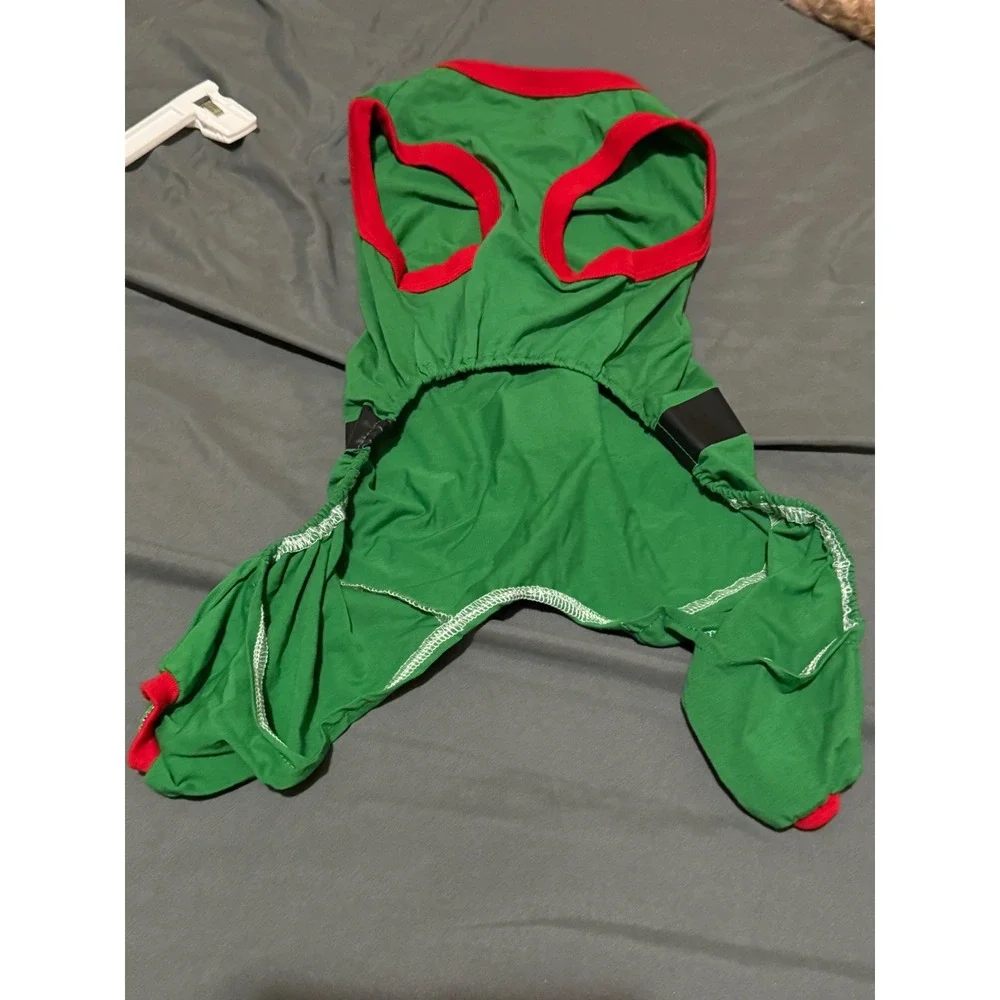 Green Elf Christmas Pet Costume Pajamas Holiday Dog Outfit Red Trim